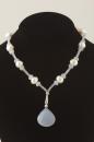 Blue Chalcedony and White Pearl Drop Necklace