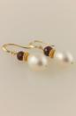 White Pearl Earrings with Gold and Garnet