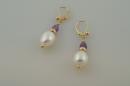 White Pearl Drop Earrings with Amethyst Briolettes