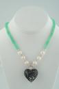 Chrysoprase and White Pearl Necklace with Black Murano Heart