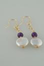 White Coin Pearl and Amethyst Earrings