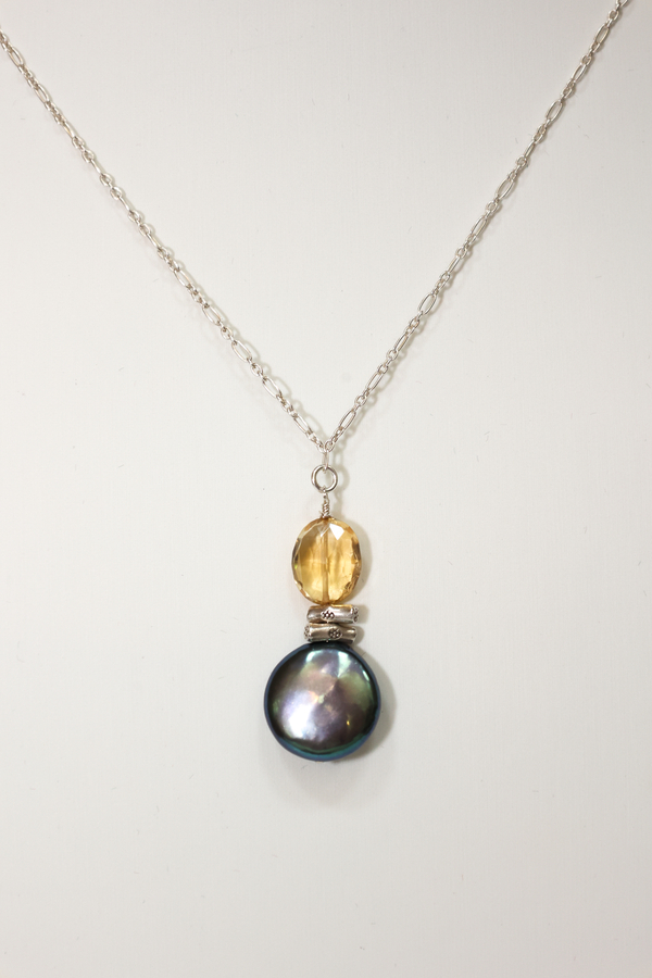 Black Coin Pearl with Citrine, Hilltribe Barrels